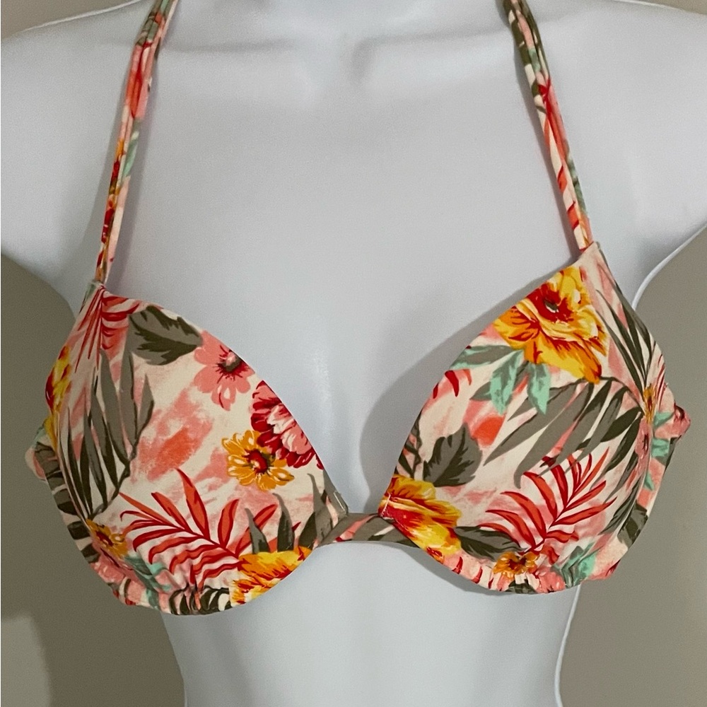 Hollister White & Coral Floral One-Piece Swim Top Sz 36B